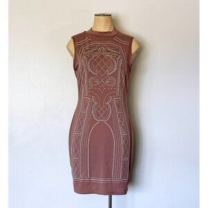 sz MEDIUM dress SAY WHAT? rhinestone mauve taupe color womens sheath sleeveless